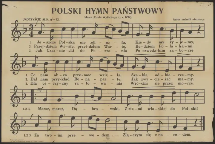 Nuty polskiego hymnu państwowego z tekstem "Mazurek Dąbrowskiego".