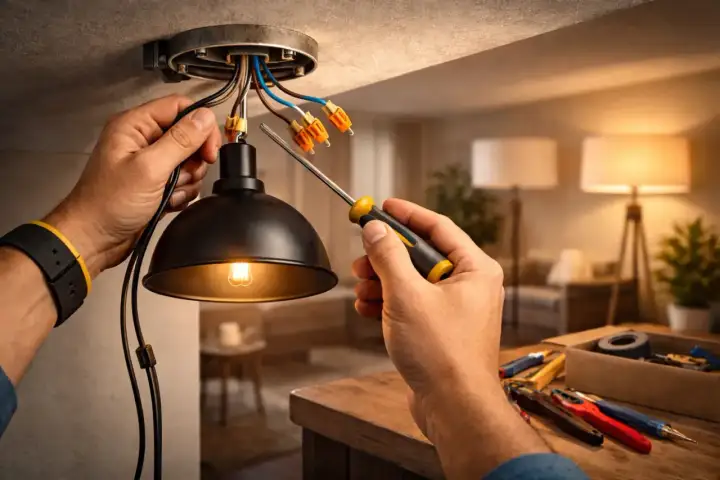 Elektryk montuje lampę, podłączając przewody. Zastanawiasz się, ile lamp na jednym obwodzie można bezpiecznie zainstalować?