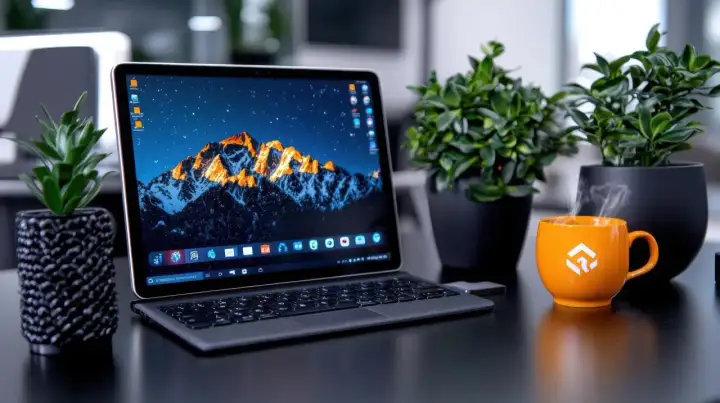 Laptop z górskim krajobrazem na pulpicie, obok kubek parującej kawy i rośliny. Idealne miejsce do pracy, gdzie łatwo znaleźć skrót klawiszowy do nagrywania ekranu.