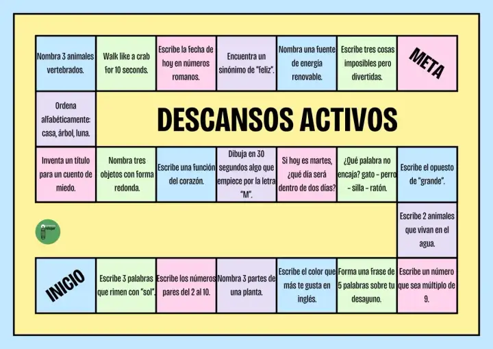 Tablero de juego para **descansos activos** en el aula, con casillas que proponen retos como nombrar animales, escribir rimas o dibujar.
