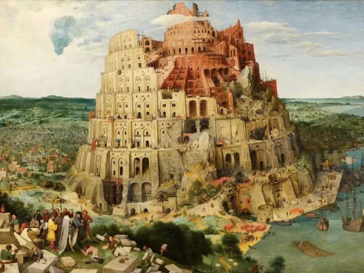 Wieża Babel, symbol ludzkiej pychy i nieporozumienia, wznosi się ku niebu. Jej budowa, pełna chaosu i niedokończonych prac, odzwierciedla wieczne znaczenie tej biblijnej opowieści.