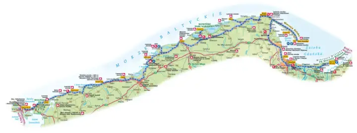 Mapa szlak latarni morskich od Świnoujścia po Krynicę Morską.