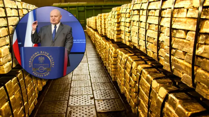 Prezes NBP przemawia na tle stosów sztabek złota. Narodowy Bank Polski zwiększa swoje zasoby, co widać na zdjęciu.