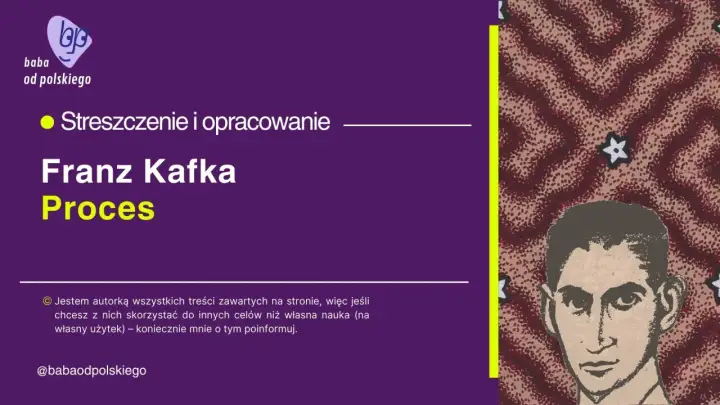 Ilustracja z portretem Franza Kafki i tekstem "Proces".