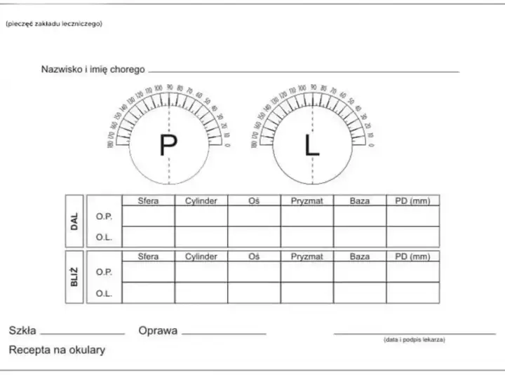 Formularz recepty na okulary z polami na dane pacjenta, wyniki badania wzroku (co oznacza sfera w okularach), oraz tabelą do wpisania parametrów szkieł i oprawy.