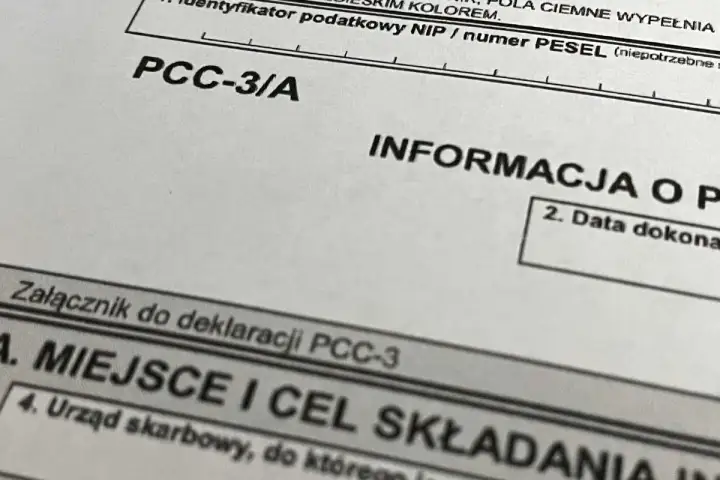 Fragment deklaracji PCC-3/A z informacją o podatku od czynności cywilnoprawnych.