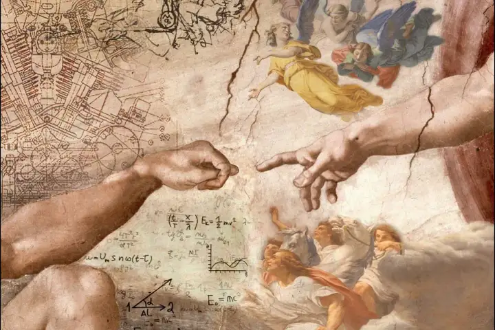 Dłonie Boga i Adama, otoczone wzorami matematycznymi i schematami, symbolizują przyczyny trudności w wierze u osób o ścisłych umysłach, szukających dowodów.