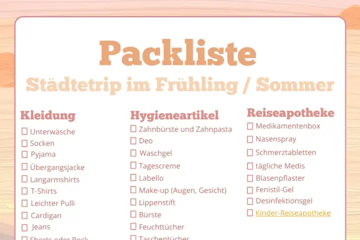 Packliste für einen Städtetrip im Frühling/Sommer mit Kategorien wie Kleidung, Hygieneartikel und Reiseapotheke.