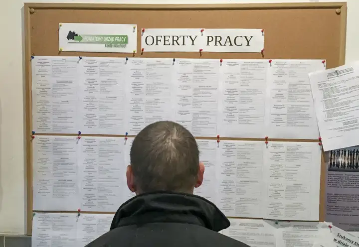 Mężczyzna przegląda tablicę z ofertami pracy w Powiatowym Urzędzie Pracy. Może szukać pracy, która zapewni mu godną kuroniówkę.