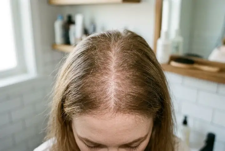 Vue du dessus du cuir chevelu clairsemé d'une femme, espérant retrouver une masse capillaire naturellement.