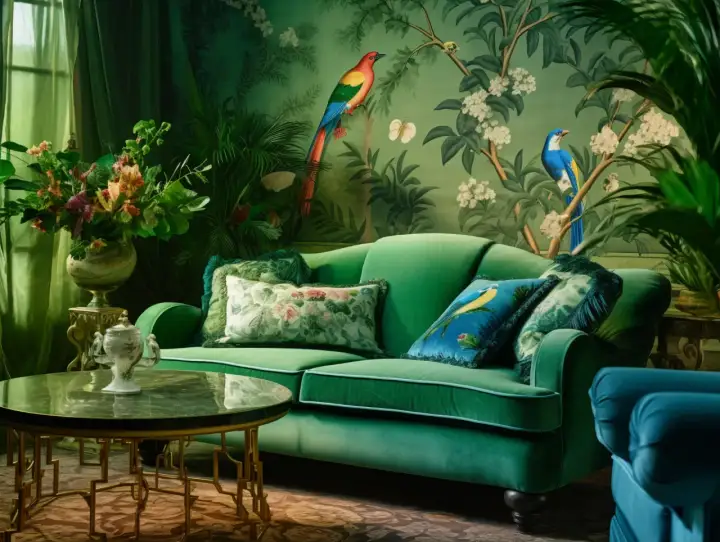 Luksusowy salon w stylu secesji. Zielona sofa, tapeta z ptakami i kwiatami, stolik kawowy. Obrazy secesyjne tworzą atmosferę.