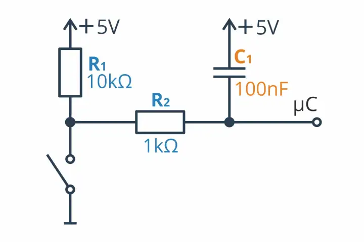 Schemat filtr górnoprzepustowy RC: rezystor R1 (10kΩ), rezystor R2 (1kΩ), kondensator C1 (100nF) i wyłącznik.