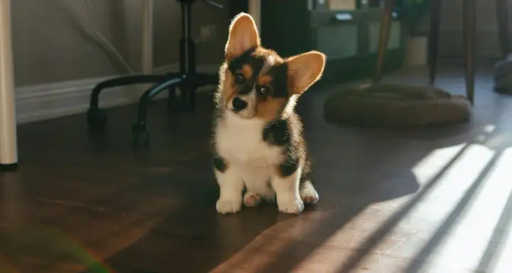 Uroczy szczeniak corgi siedzi na podłodze. Gdyby miał problemy z brzuszkiem, warto sprawdzić espumisan dla psa dawkowanie.