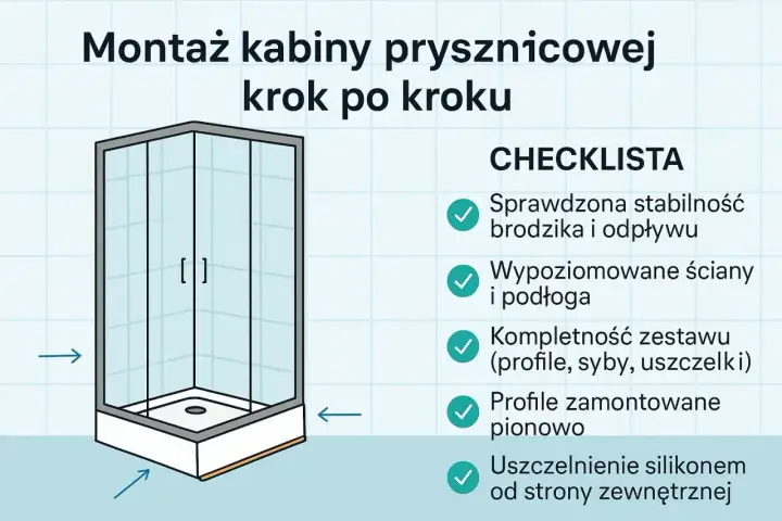 Ilustracja pokazuje, jak zrobić kabinę prysznicową krok po kroku. Checklistę montażu kabiny prysznicowej.