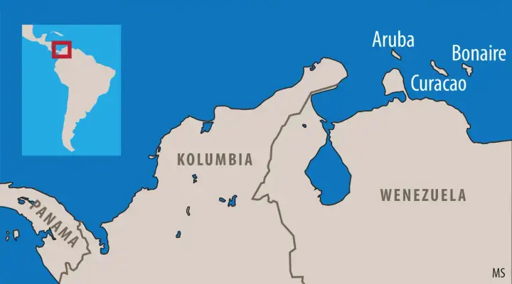 Mapa Karaibów: Aruba, Bonaire i Curacao leżą przy wybrzeżu Wenezueli i Kolumbii.