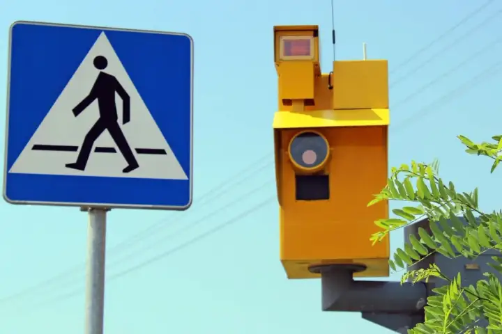 Znak przejścia dla pieszych i żółty fotoradar. Zastanawiasz się, po jakim czasie przychodzi mandat z fotoradaru?