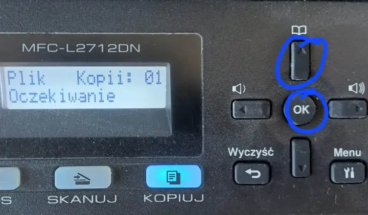 Przyciski "OK" i "Menu" na drukarce Brother MFC-L2712DN, pomocne gdy zastanawiasz się, jak zresetować drukarkę brother.