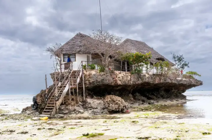 Wyjątkowy dom na skale, idealne miejsce na zanzibar wakacje. Drewniane schody prowadzą do restauracji z trawiastym dachem.