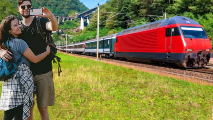 Para podróżuje obok torów, na których mija ich czerwony pociąg.