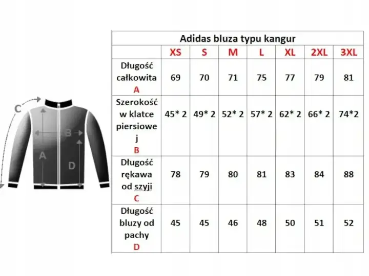 Tabela rozmiarów bluzy Adidas. Jaki rozmiar jest większy L czy M? L ma 75 cm długości całkowitej, M 71 cm.