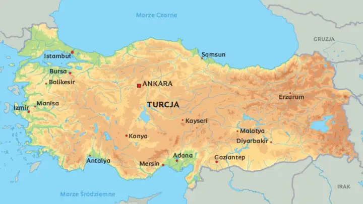 Mapa Turcji, kraju położonego na styku Europy i Azji, z zaznaczonymi miastami jak Stambuł, Ankara i Izmir.