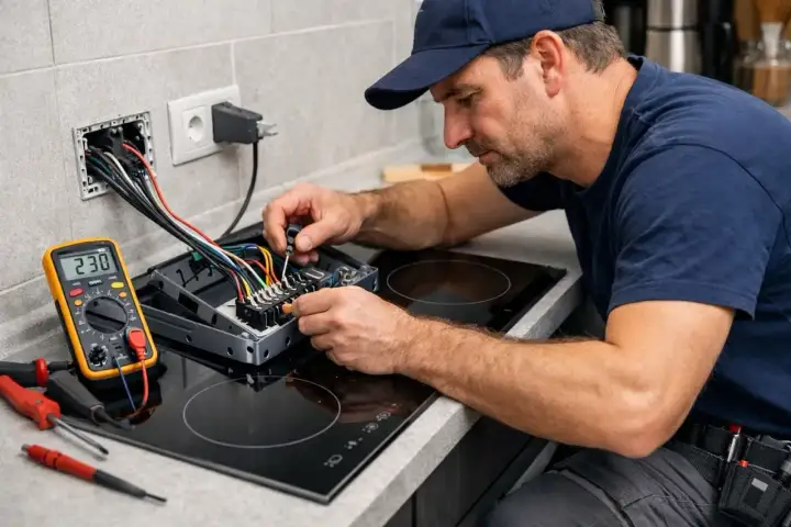 Elektryk podłącza płytę indukcyjną 400V. Multimetr obok pokazuje 230V.
