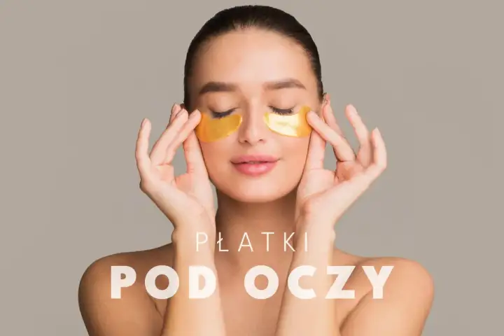 Kobieta z złotymi płatkami pod oczami, które nawilżają skórę. Płatki pod oczy to sekret promiennej cery.