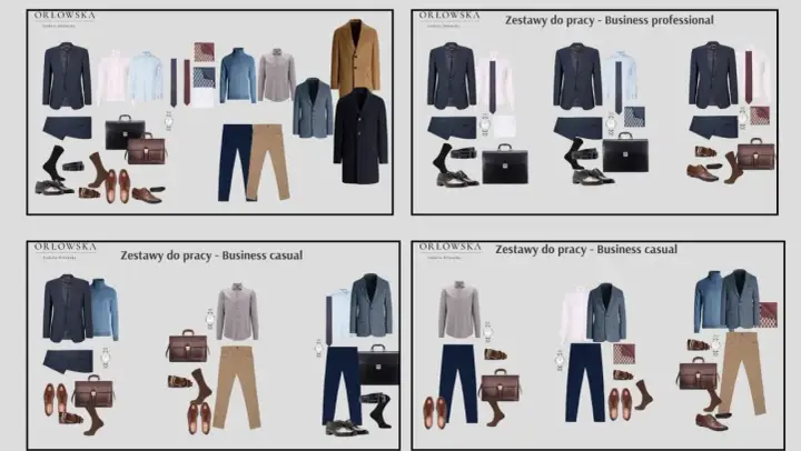Styl business casual: propozycje zestawów z marynarkami, koszulami, spodniami, butami i aktówkami.