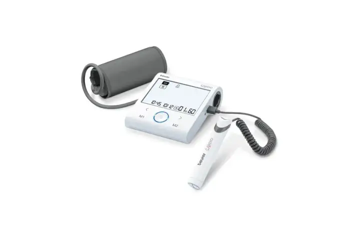 Nowoczesny ciśnieniomierz z mankietem i elektrodą EKG. Idealny do domowego monitorowania, pomocny w rankingu ciśnieniomierzy.
