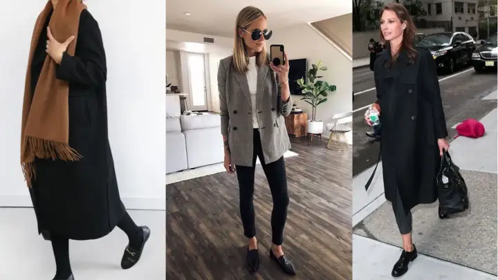 Eleganckie loafersy damskie w stylizacjach: klasyczny płaszcz, marynarka w kratę i trencz.