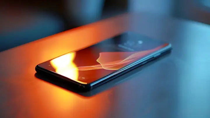 Smartfon z systemem iOS na ciemnym blacie, oświetlony pomarańczowym światłem.