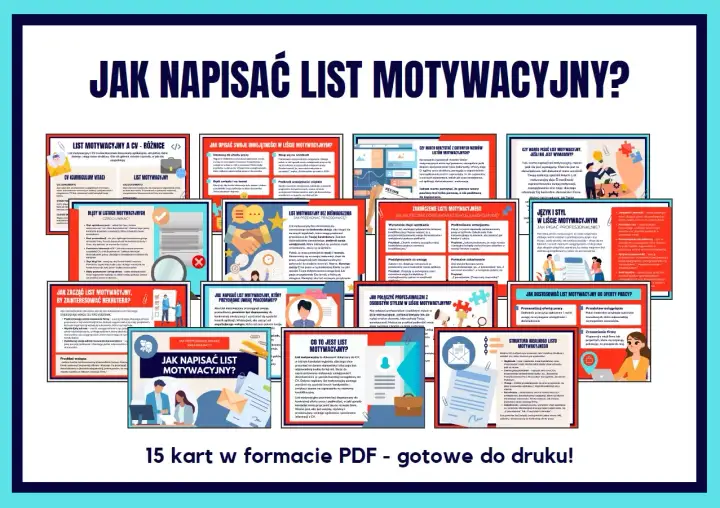 Grafika przedstawia kolaż z kilkunastu kart informacyjnych o pisaniu listów motywacyjnych, z nagłówkiem "JAK NAPISAĆ LIST MOTYWACYJNY?".