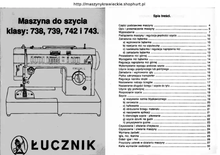 Instrukcja obsługi maszyny Łucznik. Rozdział "Szycie" omawia m.in. dlaczego maszyna do szycia pętelkuje od spodu.