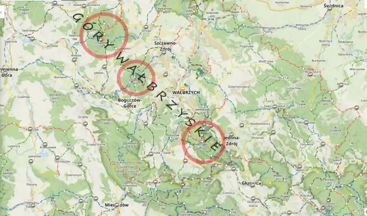 Mapa Gór Wałbrzyskich z zaznaczonymi trasami. Szukasz najlepszych tras w górach wałbrzyskich na krótki trekking? Sprawdź okolice Chełmca i Jedliny-Zdroju.