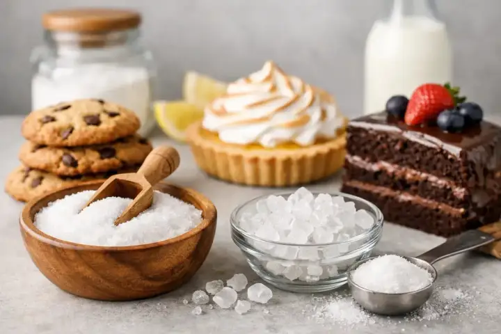 Süße Versuchungen: Kekse, Kuchen und Tarte. Eine Schüssel mit Kristallen lädt dazu ein, Zucker durch Erythrit zu ersetzen.