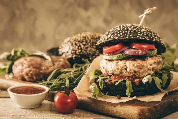 Gotowy hamburger z czarną bułką, kotletem wołowym i warzywami, obok surowy kotlet i sos.