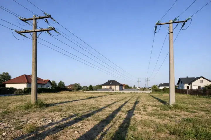 Dwa słupy średniego napięcia przecinają niebo nad pustą działką. W tle widać domy i drzewa.