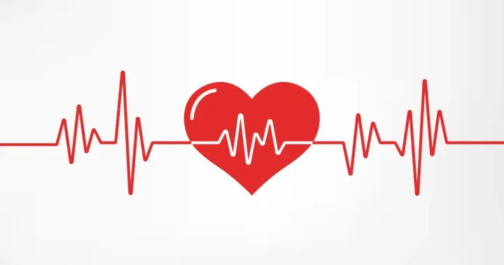 Czerwone serce z linią EKG na białym tle.