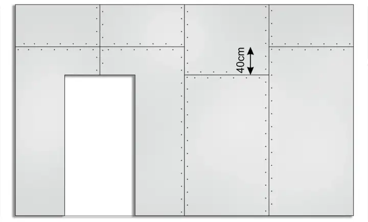 Schemat przedstawia fragment ściany z płyt gipsowo-kartonowych, z zaznaczonymi wymiarami płyty gk 40cm.