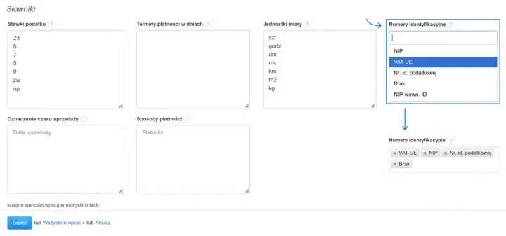 Wybór "VAT UE" z listy numerów identyfikacyjnych. Nazwa rejestru i numer wpisu w rejestrze.