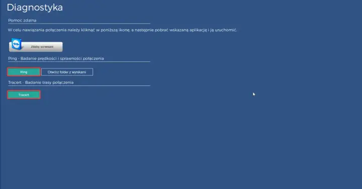 Ekran diagnostyki z opcjami "Pomoc zdalna", "Ping" do badania prędkości połączenia oraz "Tracert" do badania jego trasy.