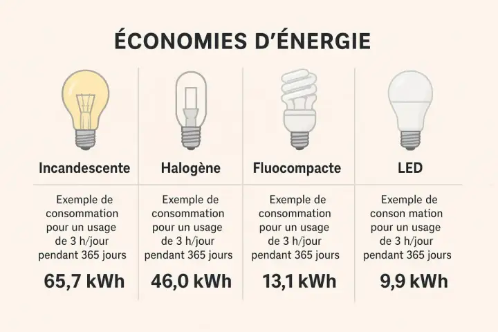 Comparaison de la consommation d'énergie des ampoules : halogène (46 kWh) vs LED (9,9 kWh) et autres. Les avantages et inconvénients sont illustrés.