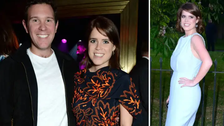 Prinsessan Eugenie ler i en ljusblå klänning utomhus. Till vänster syns hon med en man i mörk jacka.