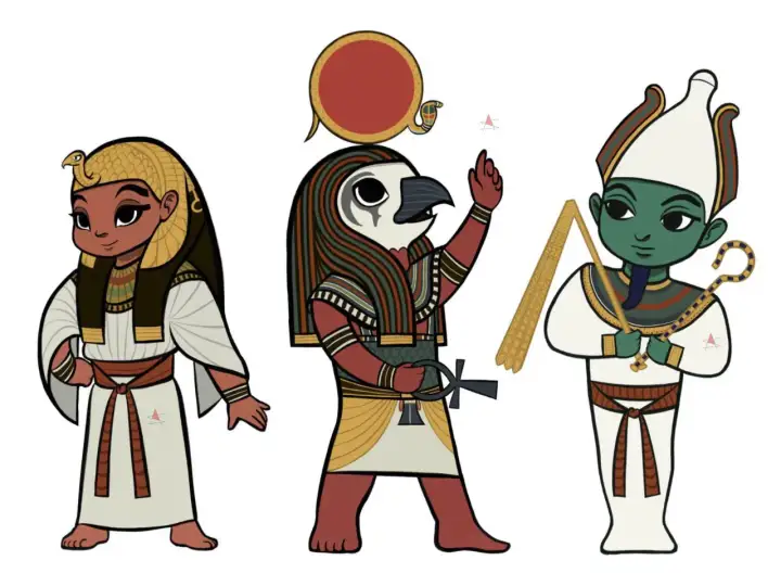 Tre stiliserade figurer av egyptisk gud. En kvinna med orm på huvudet, en man med falkhuvud och en grön man med krona.