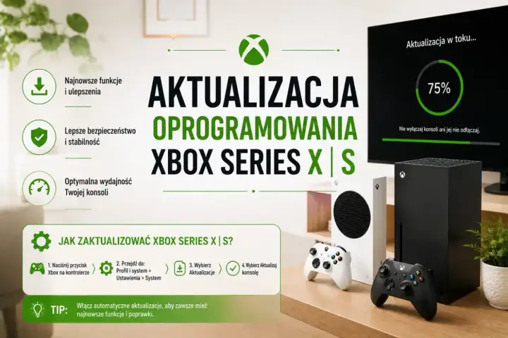 Grafika przedstawia konsole Xbox Series X i S, kontrolery oraz ekran z postępem aktualizacji oprogramowania.