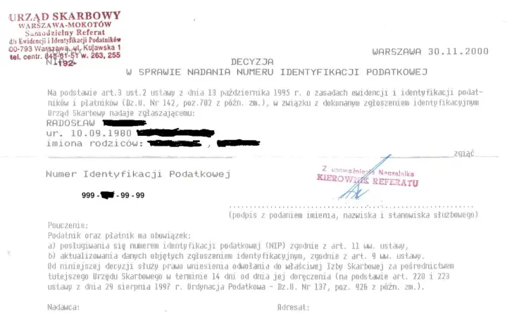 Decyzja Urzędu Skarbowego o nadaniu numeru identyfikacji podatkowej (NIP).