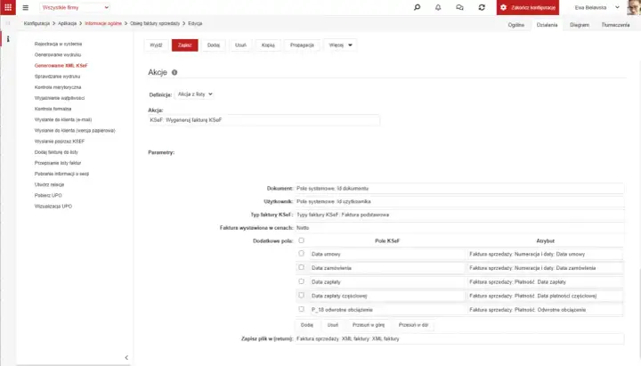 Ekran konfiguracji systemu z opcją generowania faktury KSeF i polami do wyboru parametrów.
