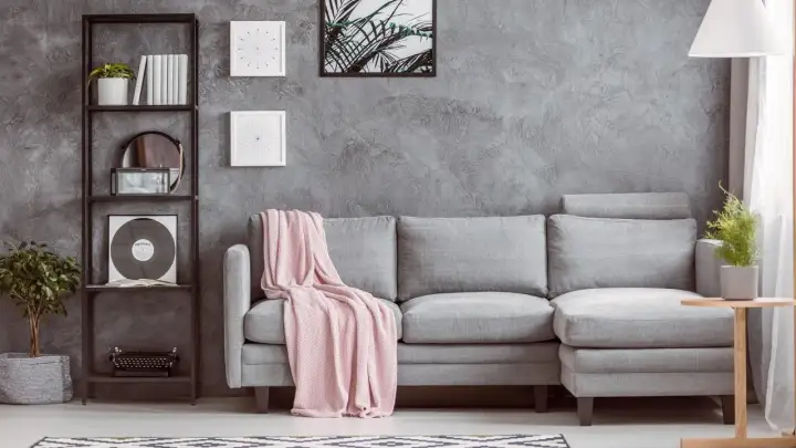 Un divano grigio con coperta rosa, libreria con vinile e piante. Idee su cosa mettere vicino al divano: tavolino, lampada, quadri.