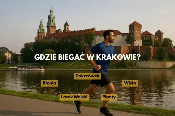 Mężczyzna biegnie nad Wisłą w Krakowie, obok Wawelu. Na ekranie widnieje napis "Gdzie biegać w Krakowie?" oraz nazwy miejsc: Błonia, Zakrzówek, Lasek Wolski, Planty.