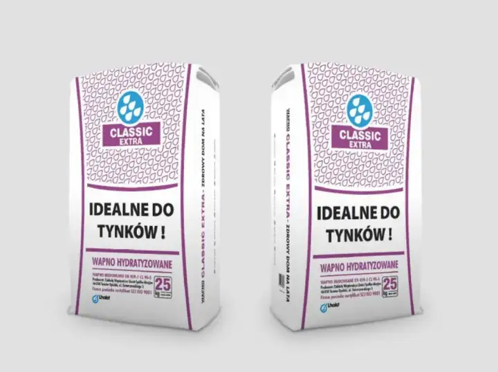 Dwie torby wapna budowlanego Classic Extra, idealnego do tynków. Produkt wapno hydratyzowane, 25 kg.